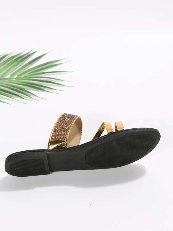 Glamorous Gold Slide Sandals For Women, Rhinestone Decor Multi Strap