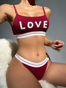 字母圖案撞色滾邊內衣套裝