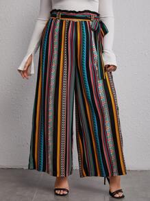 SHEIN VCAY Plus Geo Print Paperbag Waist Belted Wide Leg Trousers - Multicolor - View 1