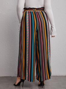 SHEIN VCAY Plus Geo Print Paperbag Waist Belted Wide Leg Trousers - Multicolor - View 2
