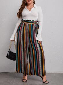 SHEIN VCAY Plus Geo Print Paperbag Waist Belted Wide Leg Trousers - Multicolor - View 3