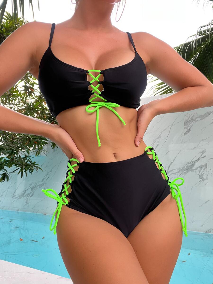 Lace Up High Waisted Summer Beach Bikini Set - Black - View 1
