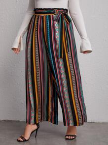 SHEIN VCAY Plus Geo Print Paperbag Waist Belted Wide Leg Trousers - Multicolor - View 4