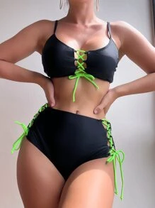 Lace Up High Waisted Summer Beach Bikini Set - Black - View 3