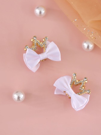 2入組小女童水鑽皇冠和蝴蝶結裝飾髮爪