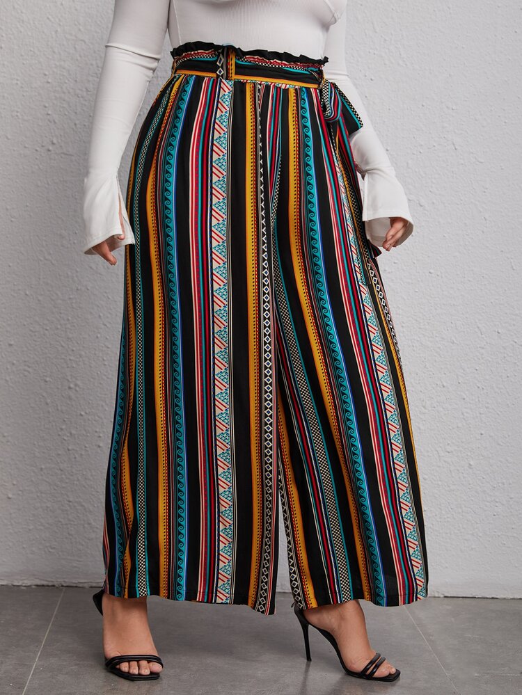 SHEIN VCAY 大碼幾何印花紙袋腰腰帶闊腿褲 - 彩色 - 查看 5