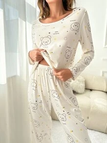 卡通图案睡衣套装/睡衣套装白色套装，秋季衣服 - 白色 - 查看 3