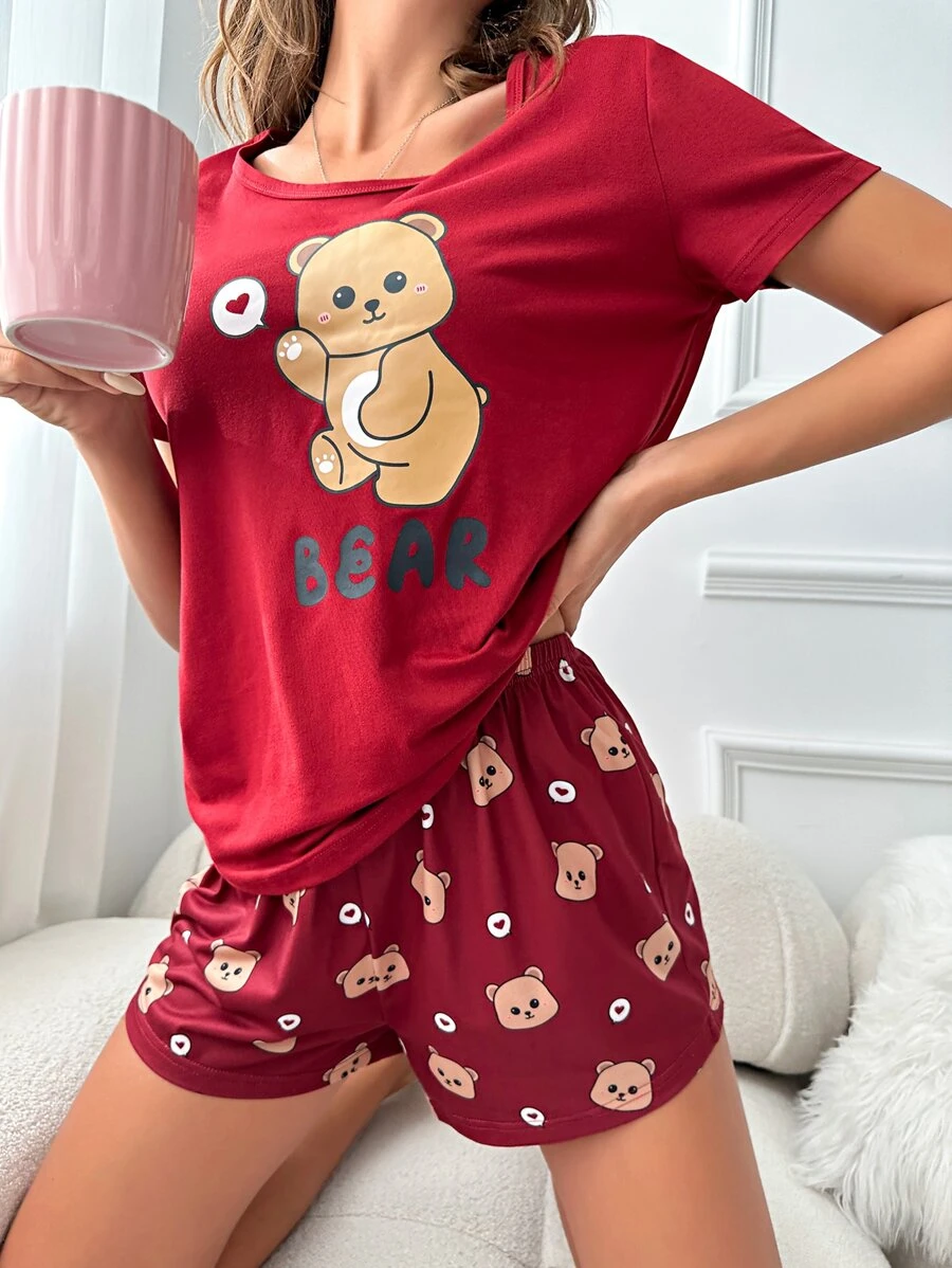 Bộ đồ ngủ Nữ Hoạt hình Lá thư Dễ thương - Màu Đỏ Sâu - Xem 1