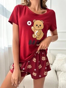 Bộ đồ ngủ Nữ Hoạt hình Lá thư Dễ thương - Màu Đỏ Sâu - Xem 4