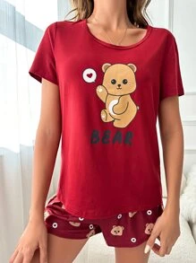 Bộ đồ ngủ Nữ Hoạt hình Lá thư Dễ thương - Màu Đỏ Sâu - Xem 5