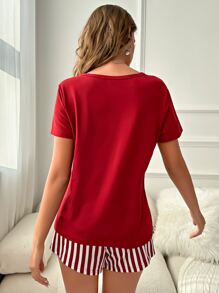 字母和条纹印花睡衣套装/睡衣套装假日季节