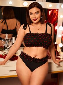 Set de lencería con estampado de corazón ribete fruncido - Negro - Ver 4