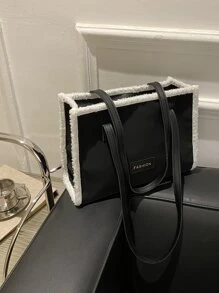 毛绒装饰字母贴片装饰方形包女士毛绒手提包，秋冬单肩包，时尚仿羔羊毛手提包，新款皮草钱包