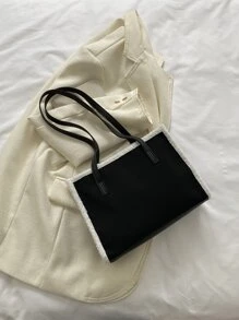 毛绒装饰字母贴片装饰方形包女士毛绒手提包，秋冬单肩包，时尚仿羔羊毛手提包，新款皮草钱包