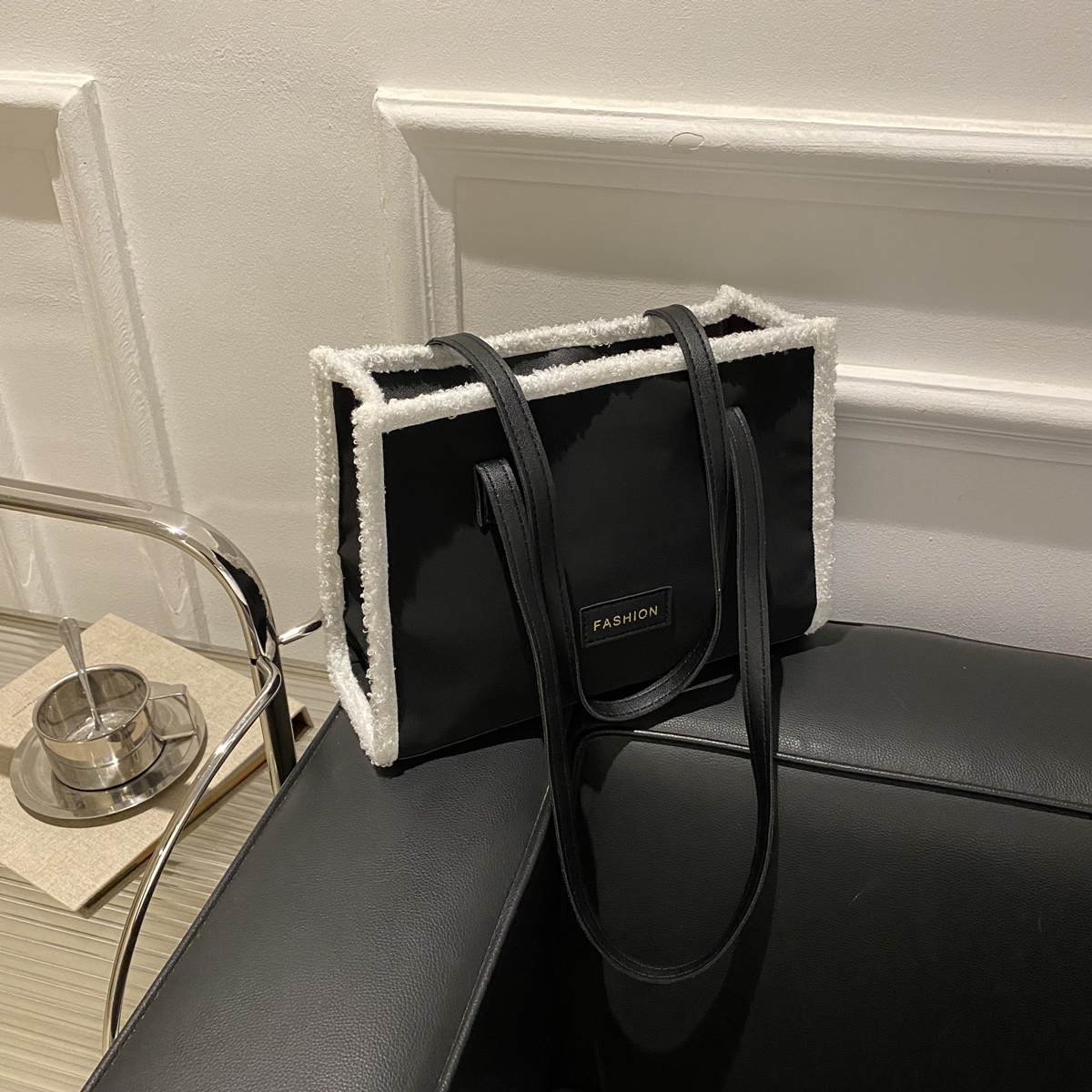 Fuzzy Trim Letter Patch Decor Square Bag Plush Tote Bag For Women, Autumn And Winter Shoulder Bag, Fashion Faux Lamb Wool Handbag, New Arrival Fur Purse