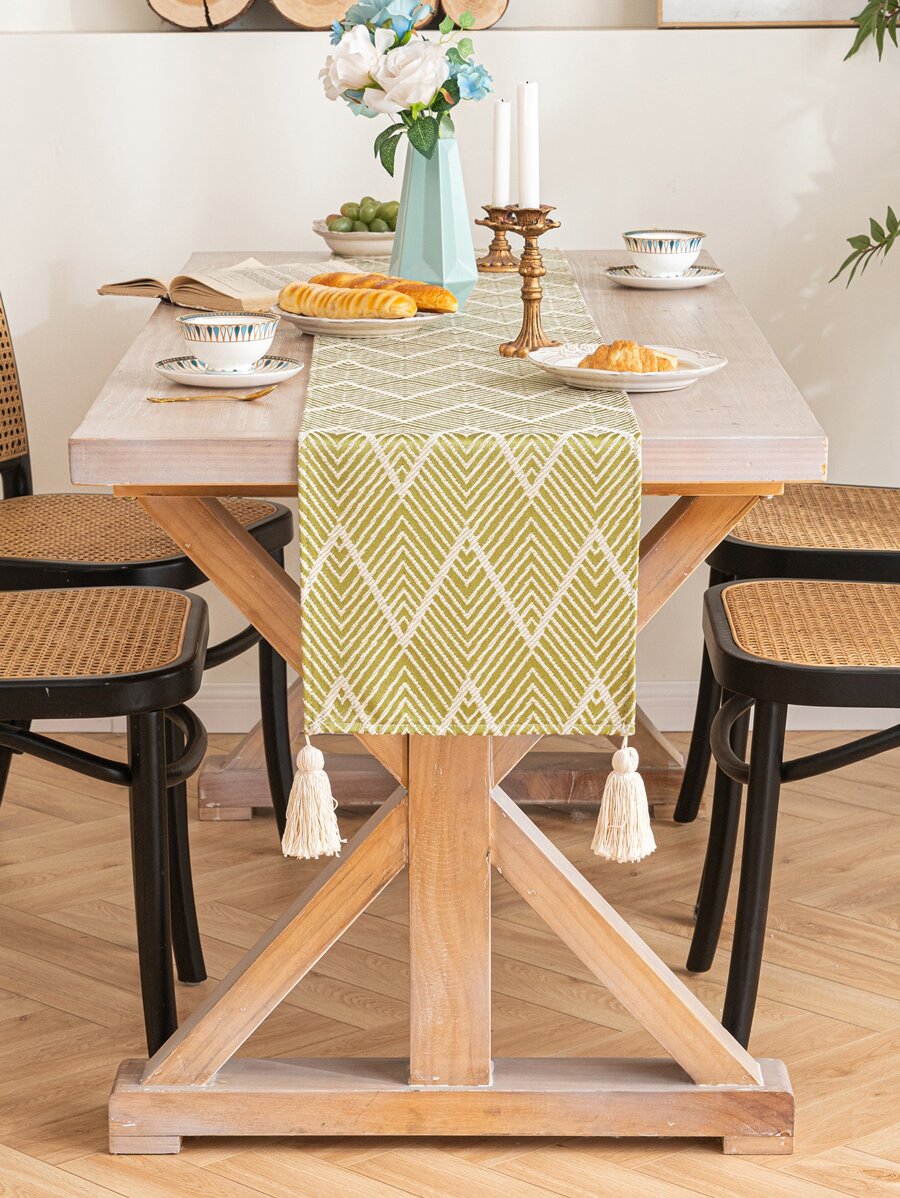 鋸齒圖案流蘇裝飾長方桌布 - 彩色 - 查看 1