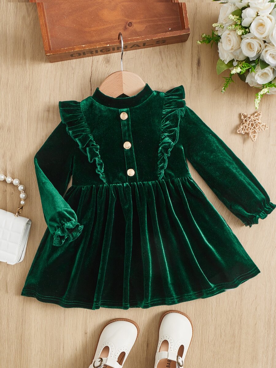 SHEIN Em bé Cô gái Nhung Đầm Với Tay áo xù & Hem , Thoải mái , Dễ thương Và vui tươi , Thích hợp Cho mùa hè - Màu xanh lá cây đậm - Xem 1