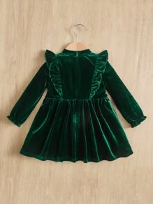SHEIN Em bé Cô gái Nhung Đầm Với Tay áo xù & Hem , Thoải mái , Dễ thương Và vui tươi , Thích hợp Cho mùa hè - Màu xanh lá cây đậm - Xem 2