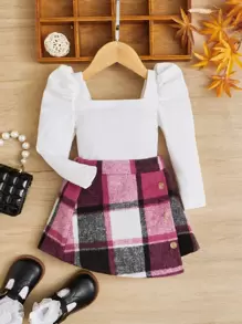 SHEIN 嬰兒羊腿袖上衣和格紋印花不對稱下擺半身裙