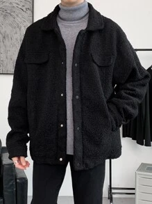 Manfinity Homme Men Drop Shoulder Teddy Jacket - Black - View 1