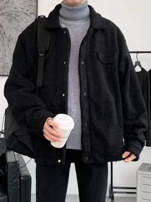 Manfinity Homme Men Drop Shoulder Teddy Jacket - Black - View 3