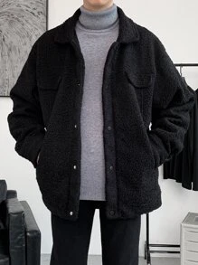 Manfinity Homme Men Drop Shoulder Teddy Jacket - Black - View 4