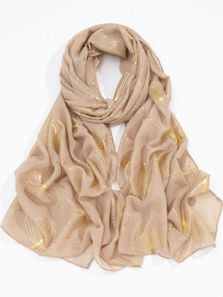 1入組女士金屬質感葉子圖案圍巾適用於日常 - 卡其色 - 查看 1