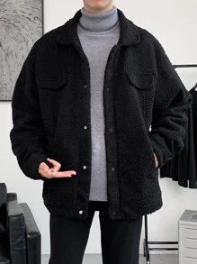 Manfinity Homme Men Drop Shoulder Teddy Jacket - Black - View 5