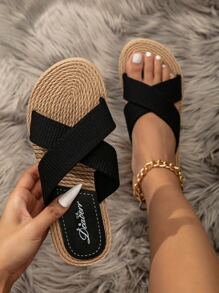 Women Criss Cross Strap Open Toe Slide Sandals, Minimalist Black Flat Sandals - Black - View 2