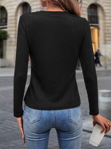 SHEIN LUNE Button Detail Asymmetrical Neck Tee - Black - View 2