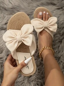 女士淺褐色蝴蝶結裝飾交叉帶拖鞋,時尚露趾平底涼鞋 - 米色 - 查看 5