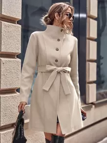 SHEIN LUNE Solid Single Breasted Belted Overcoat Fall Winter Cloth For Women - Apricot - View 5