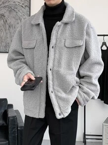 Manfinity Hypemode Hombres Cazadora teddy con diseño de solapa - Gris Claro - Ver 3