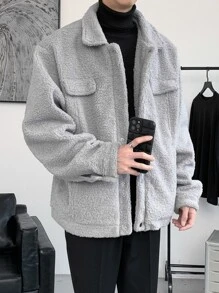 Manfinity Hypemode Hombres Cazadora teddy con diseño de solapa - Gris Claro - Ver 4