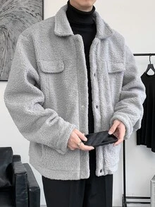 Manfinity Hypemode Hombres Cazadora teddy con diseño de solapa - Gris Claro - Ver 7