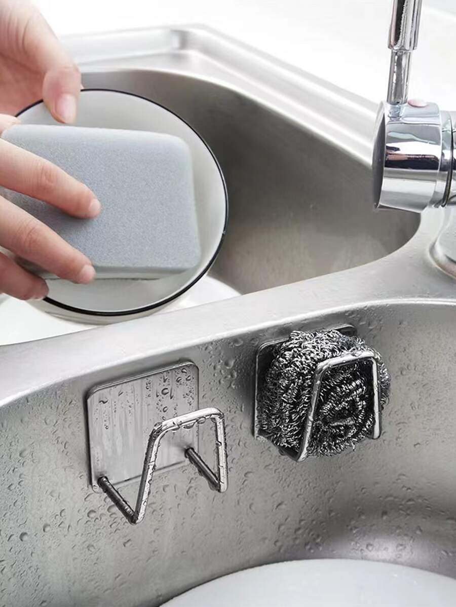 1 pieza Soporte de esponja sin taladrar, estante de pared para esponja, rejilla de acero inoxidable para el fregadero - Plateado - Ver 1