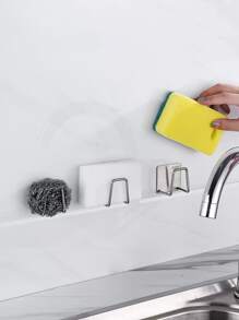 1 pieza Soporte de esponja sin taladrar, estante de pared para esponja, rejilla de acero inoxidable para el fregadero - Plateado - Ver 4