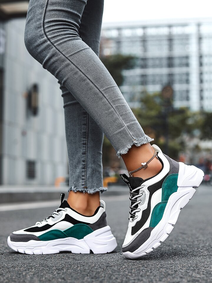Women Color Block Chunky Sneakers, Lace-up Front Sneakers
