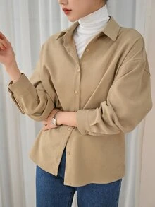 DAZY Drop Shoulder Button Front Drop Shoulder Shirt - كاكي - مشاهدة 3
