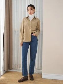 DAZY Drop Shoulder Button Front Drop Shoulder Shirt - كاكي - مشاهدة 7