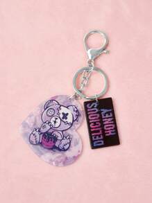 ROMWE Kawaii Cartoon Bear Pattern Heart Charm Keychain - Silver - View 1