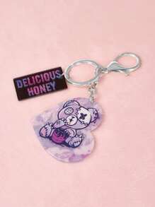 ROMWE Kawaii Cartoon Bear Pattern Heart Charm Keychain - Silver - View 2