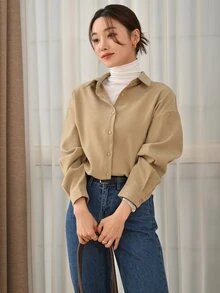 DAZY Drop Shoulder Button Front Drop Shoulder Shirt - كاكي - مشاهدة 4