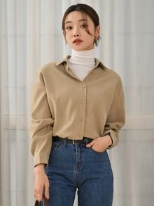 DAZY Drop Shoulder Button Front Drop Shoulder Shirt - كاكي - مشاهدة 5