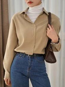 DAZY Drop Shoulder Button Front Drop Shoulder Shirt - كاكي - مشاهدة 1