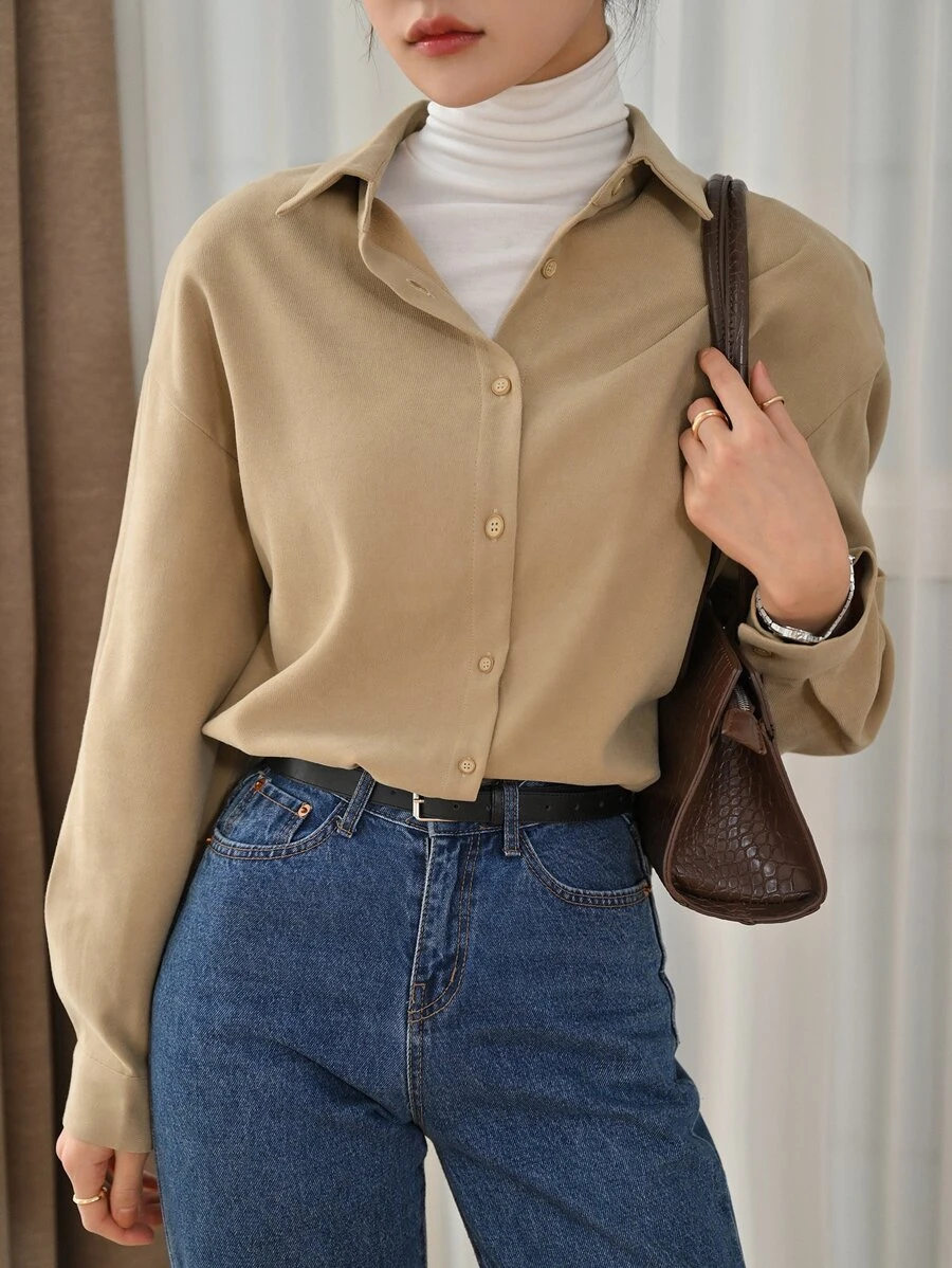 DAZY Drop Shoulder Button Front Drop Shoulder Shirt - كاكي - مشاهدة 1