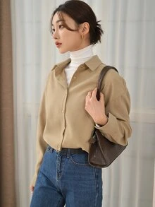 DAZY Drop Shoulder Button Front Drop Shoulder Shirt - كاكي - مشاهدة 6