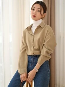 DAZY Drop Shoulder Button Front Drop Shoulder Shirt - كاكي - مشاهدة 8