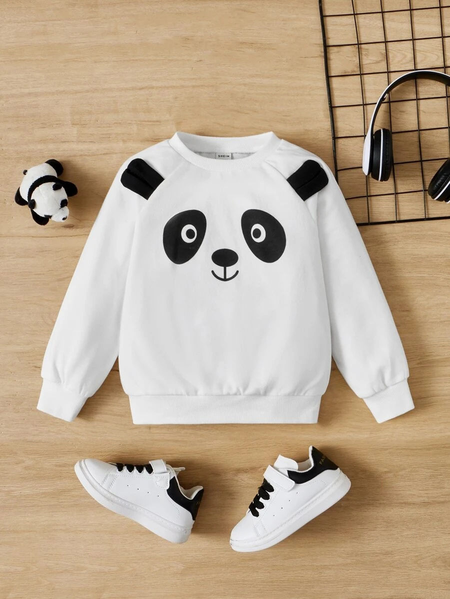 SHEIN Toddler Boys Panda Print 3D Ear Design Raglan Sleeve Sweatshirt - White - View 1