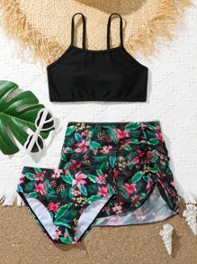 青少年女孩热带印花比基尼套装和沙滩裙夏日海滩 - 彩色 - 查看 1